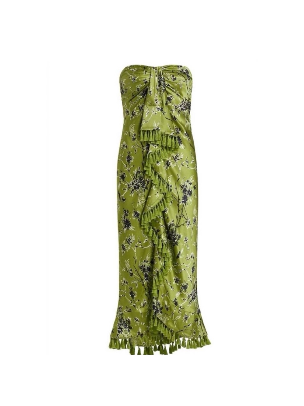 cinq a sept Green Floral Strapless Midi Dress with Tassel Trim